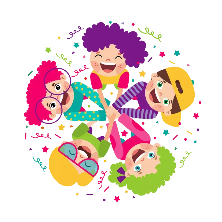 A group of diverse children holding hands in a circle, laughing and smiling.