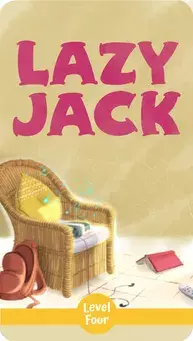 Book cover for "Lazy Jack" showing a cozy armchair with musical notes floating around it. A backpack and an open book rest on the floor.
