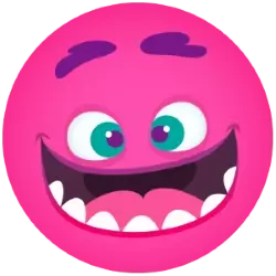 A friendly pink monster face with a wide, toothy grin and expressive eyebrows.